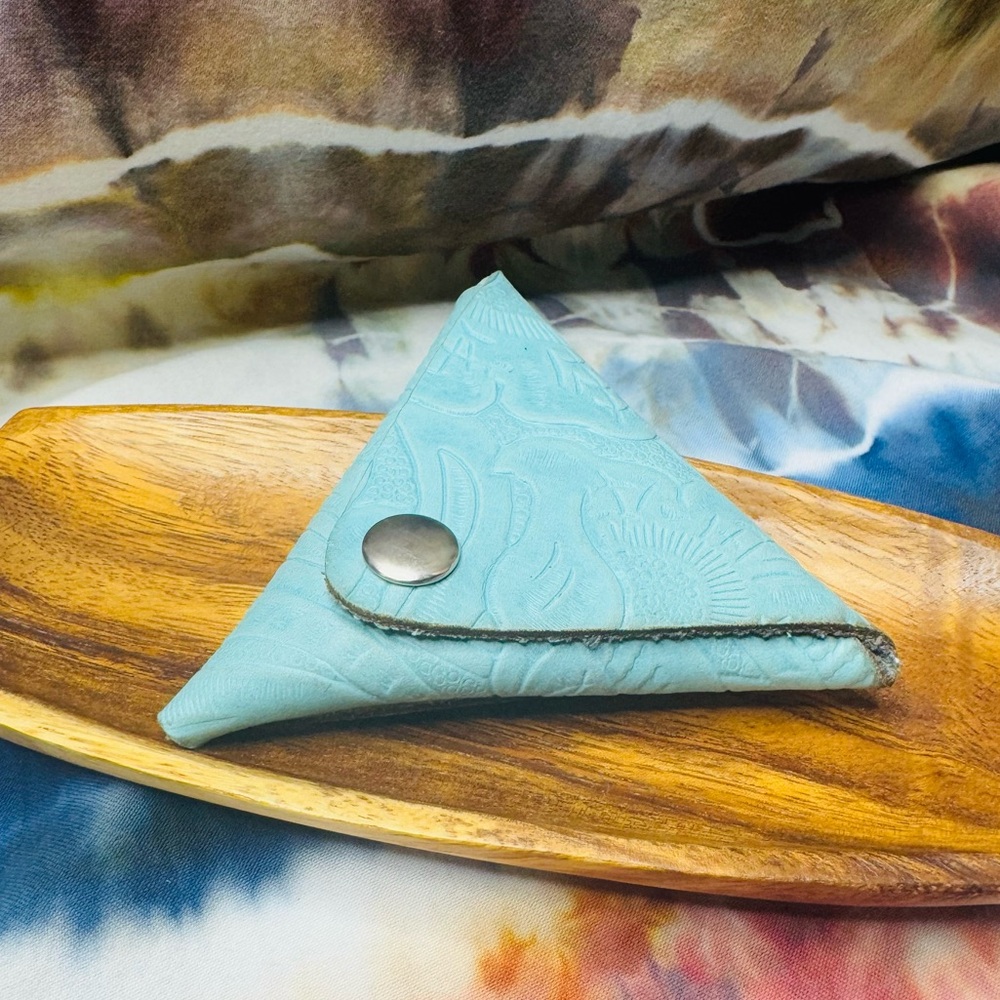 Limited run Triangle leather coin pouch embossed aqua blue